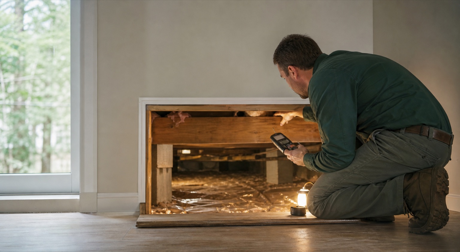 Water damage technician evaluating moisture conditions in a home